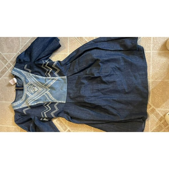 Flying Tomato Chambray Lightweight Denim Embroidered Short Sleeve Dress S Aztec - Picture 1 of 4